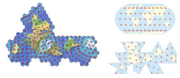 Gosper projection on the left, Robinson on the top-right, Dymaxion on the bottom-right